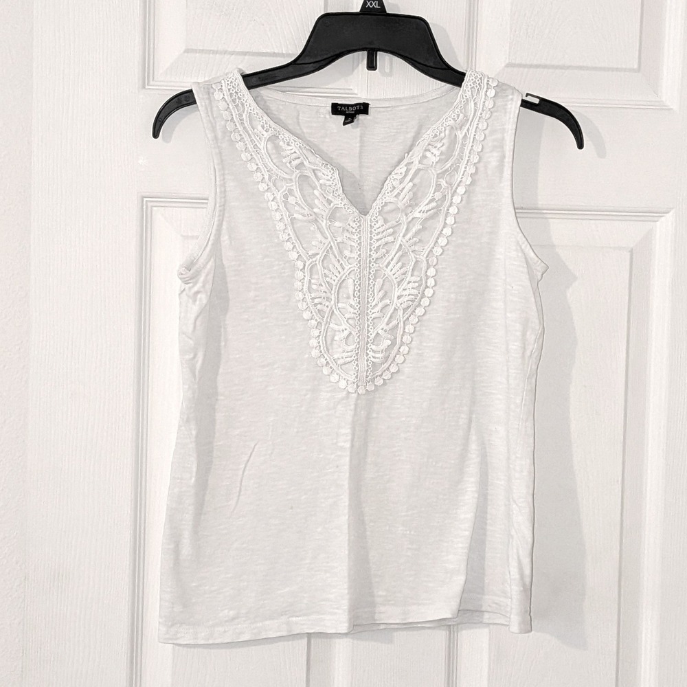 Talbots White Cotton Slub Crochet Lace Bib V-Neck Tank Top Petites P